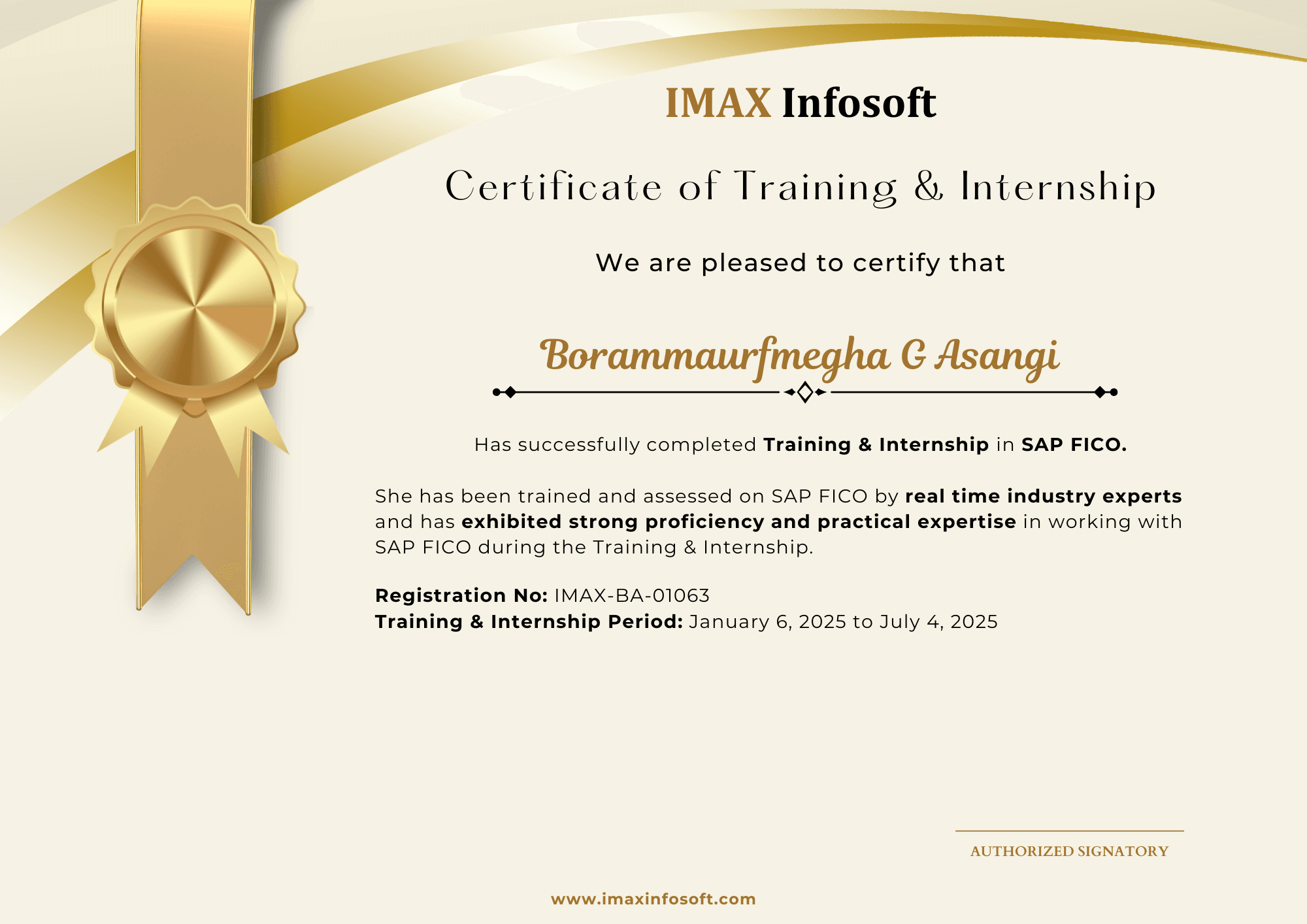 IMAX Infosoft completion certificate from the October 2025 batch, sample 1