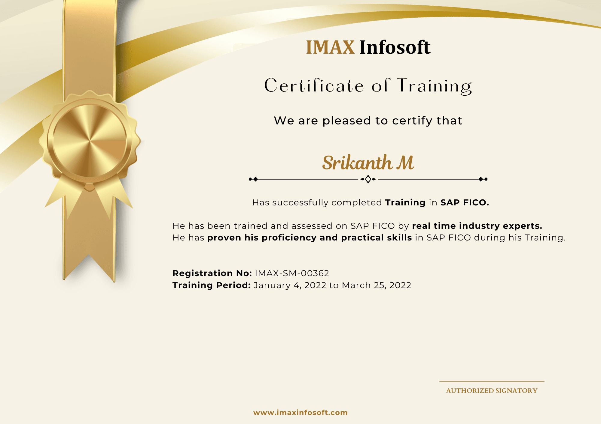 IMAX Infosoft completion certificate from the October 2025 batch, sample 6