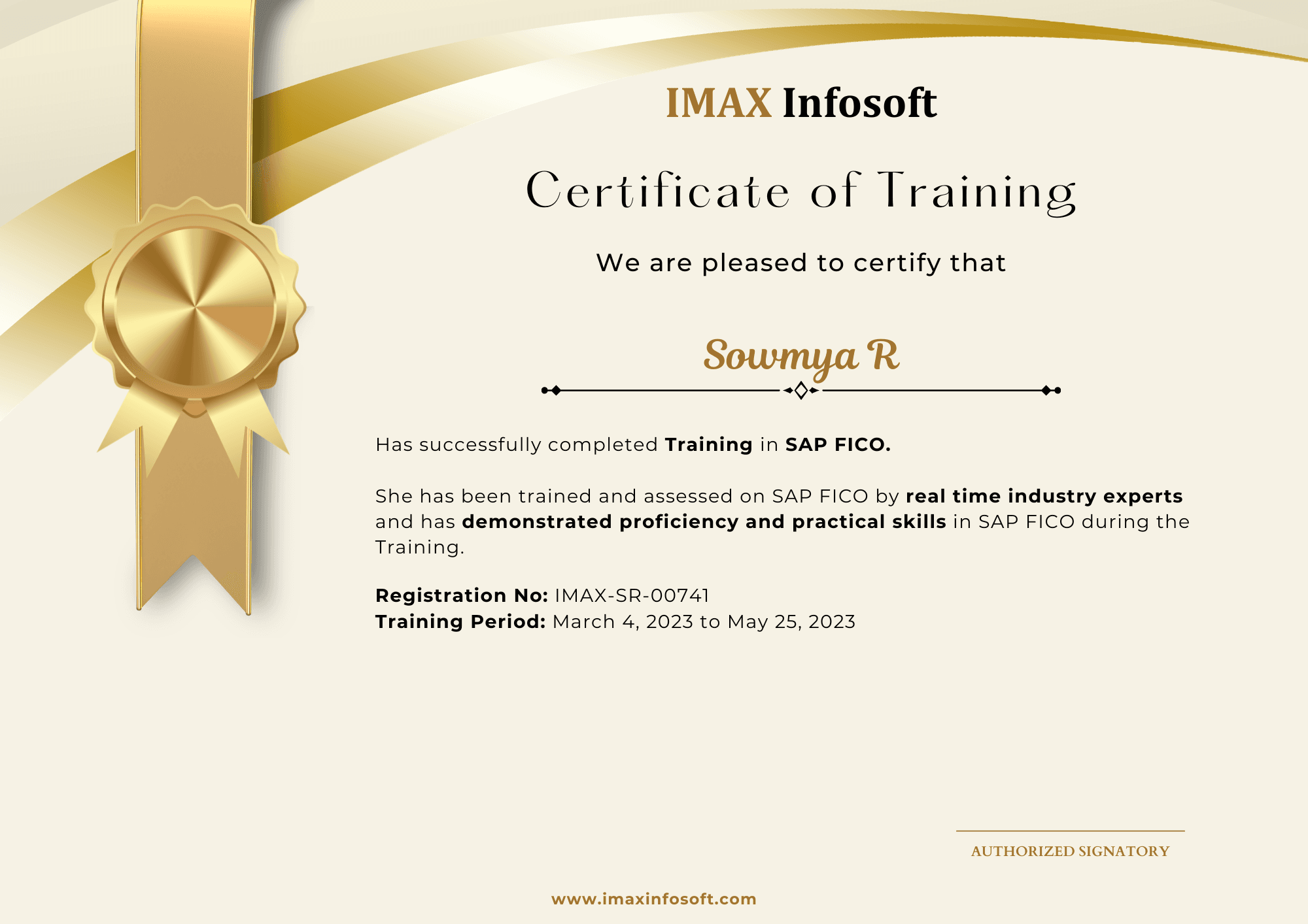 IMAX Infosoft completion certificate from the June 2026 batch, sample 2