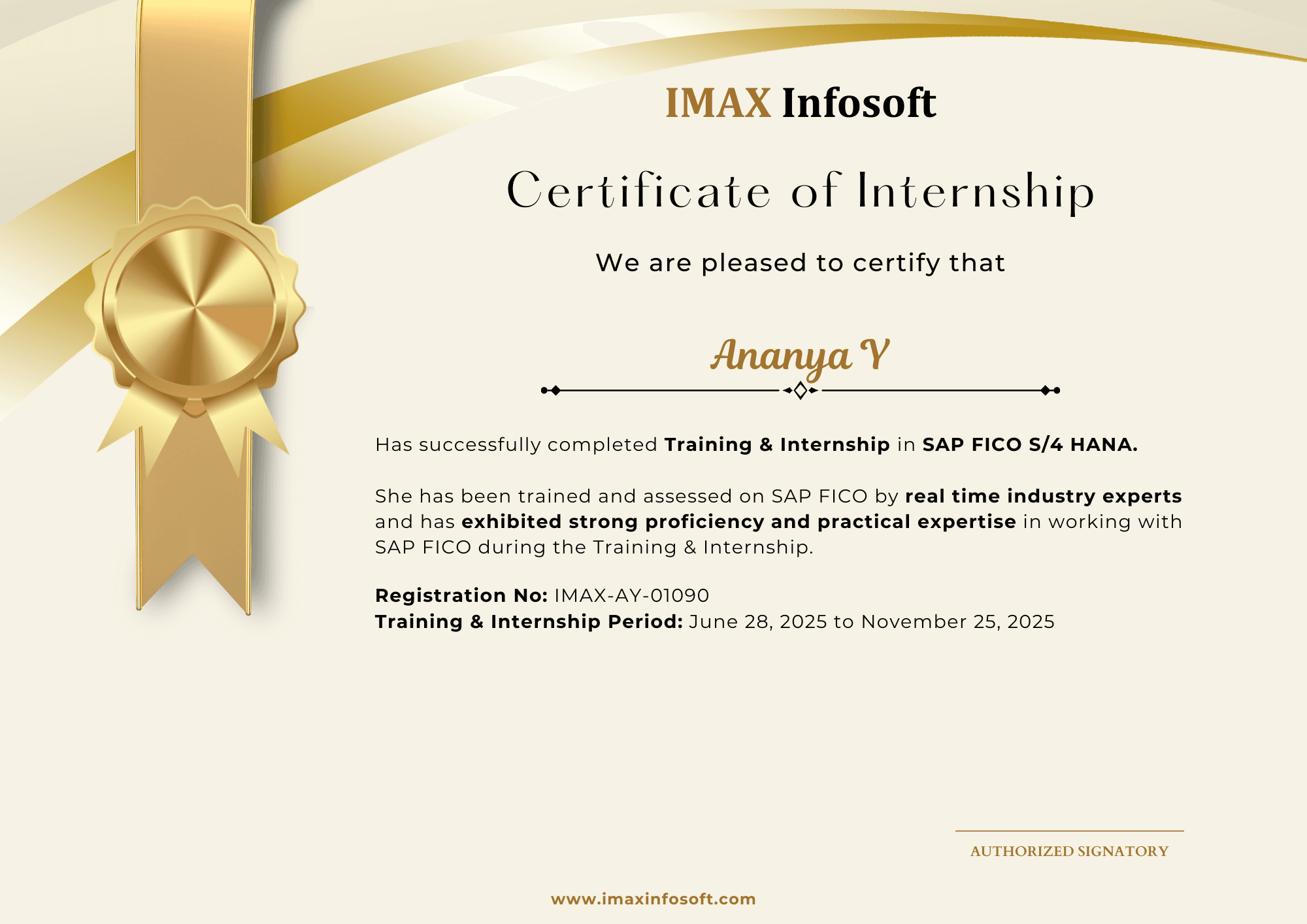 IMAX Infosoft completion certificate from the June 2026 batch, sample 7